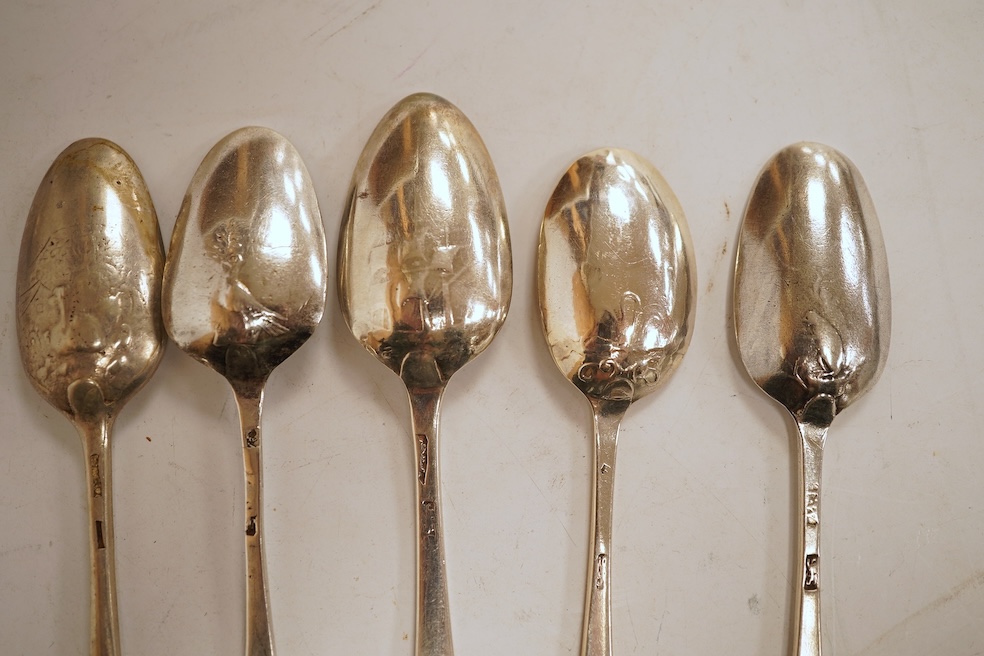 A collection of twenty nine assorted Georgian picture back teaspoons, various dates and makers, including three with masted ship, some marks indistinct, 10.2oz.